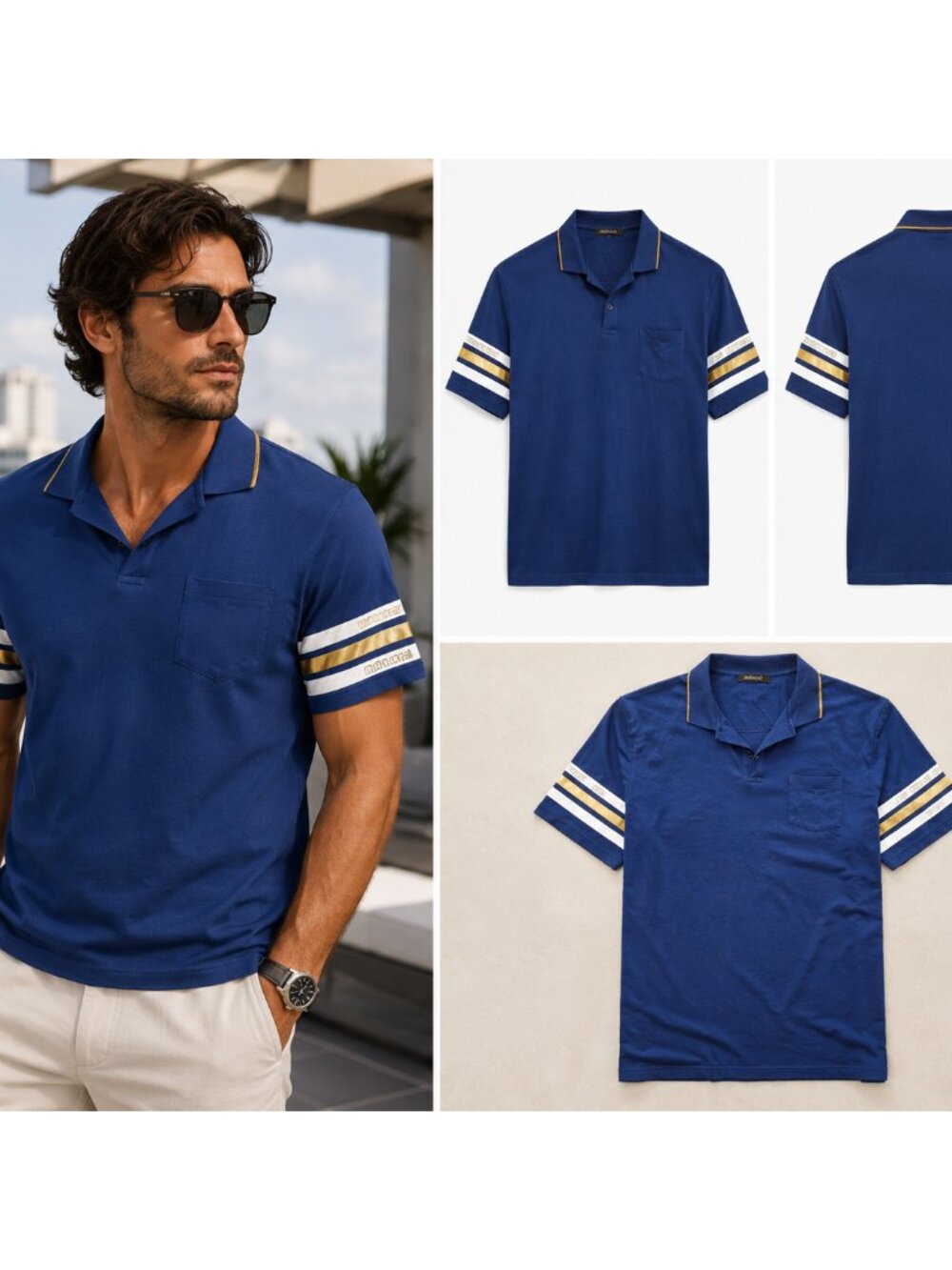 Roberto Cavalli Men’s Logo Graphic Print Polo Neck T-Shirt Sz Xl Blue